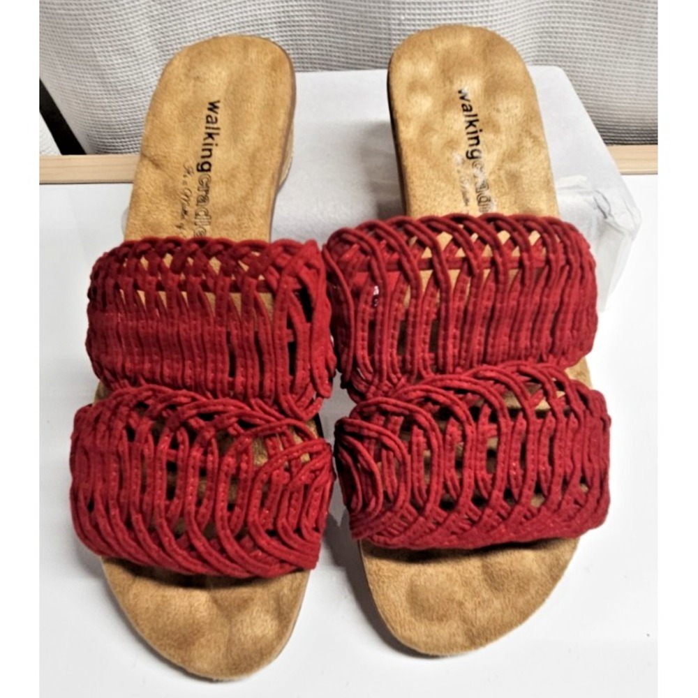 WALKING CRADLES red suede kudos cork wedge heel sandals woman Sz 6Wide